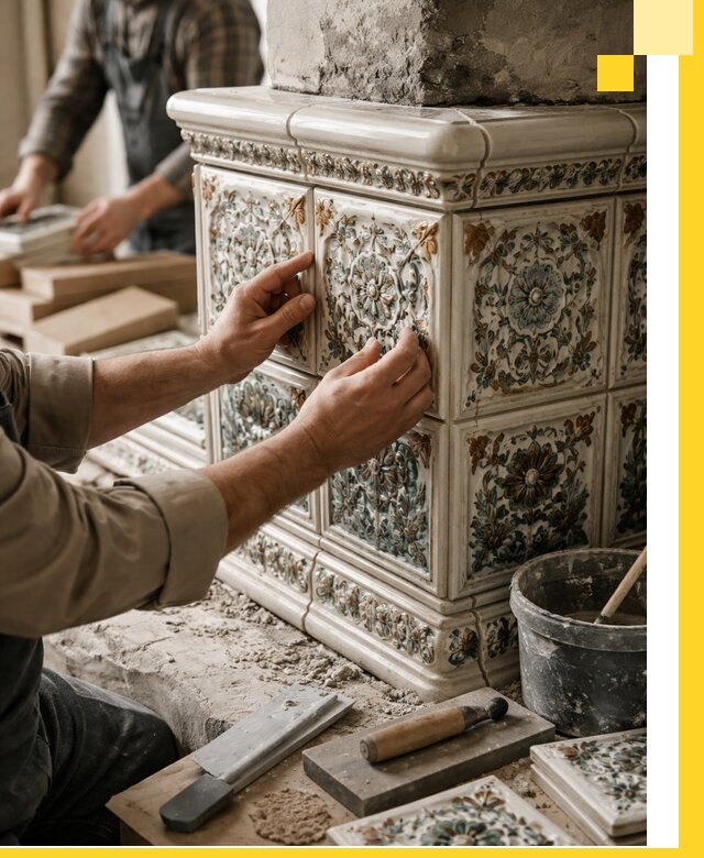 Изразцовые камины под ключ в Карабулаке: проект и монтаж