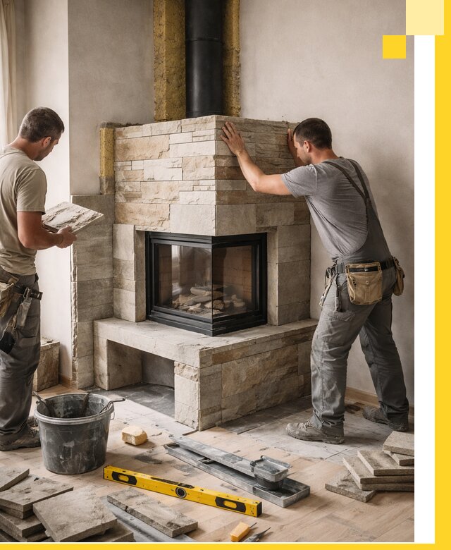 Угловые камины под ключ проект, монтаж и отделка в Карабулаке