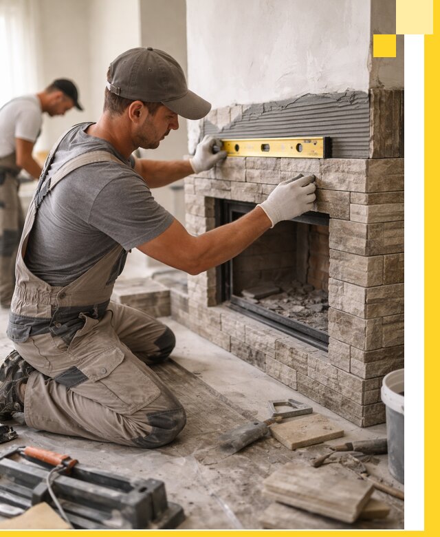 Облицовка каминов в Карабулаке, монтаж и отделка натуральным камнем