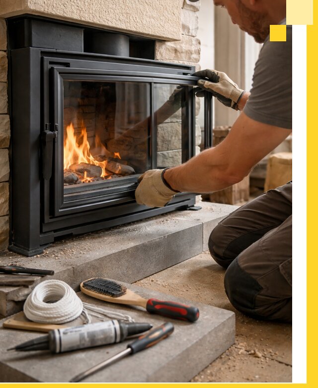 Производство, монтаж и доставка каминов со стеклом в Карабулаке