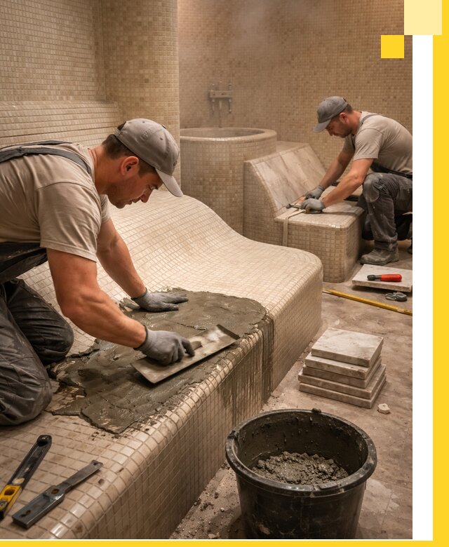 Лежаки для хамама под ключ в Карабулаке, проект и монтаж