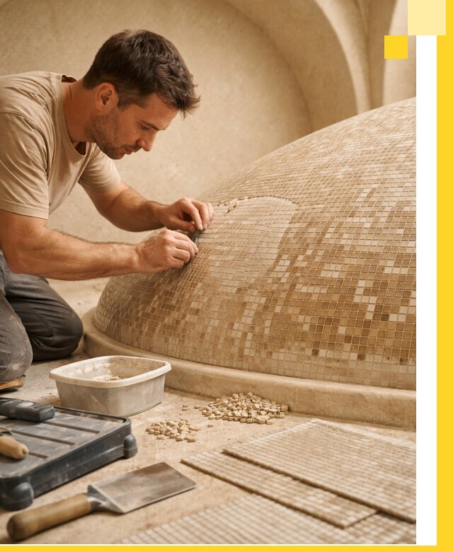 Профессиональная укладка мозаики для хамама под ключ в Карабулаке